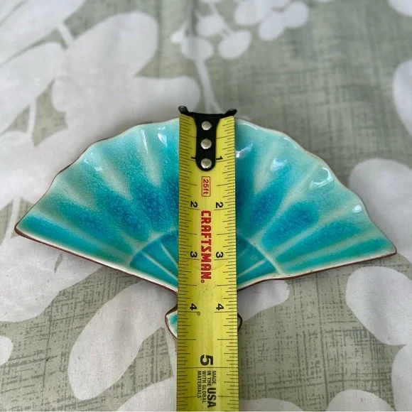 Vintage Teal Glass Ceramic Oriental Fan Dish Decorative Home Accent - Picture 4 of 6
